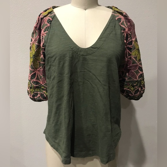 S ANTHROPOLOGIE Puffy Floral Green Shirt spring blouse - Picture 2 of 5